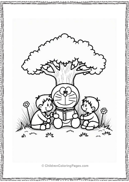 Doraemon Reading To Children Under A Tree Free PDF Printable