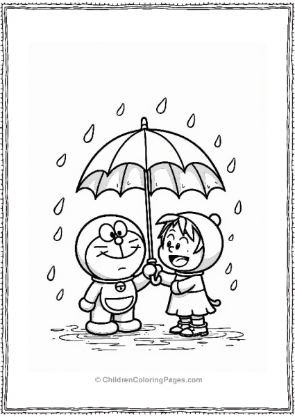 Doraemon Sharing An Umbrella Free PDF Printable