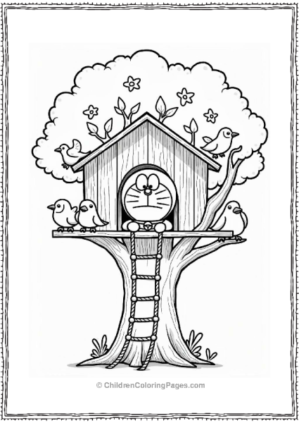 Dorami Peeking From A Cozy Treehouse Free PDF Printable