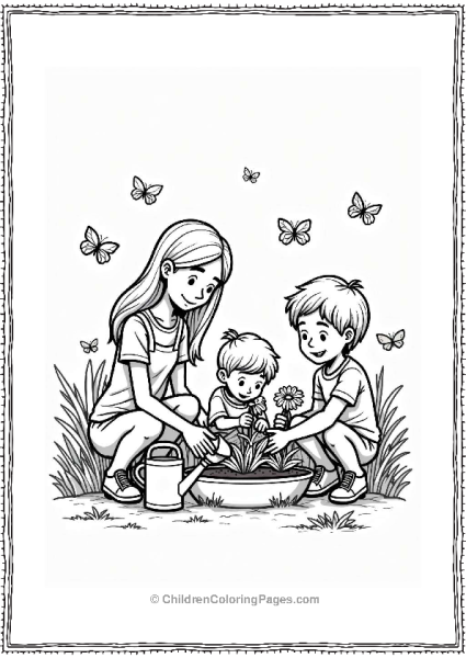 Family Gardening Together In A Flower Garden Free PDF Printable