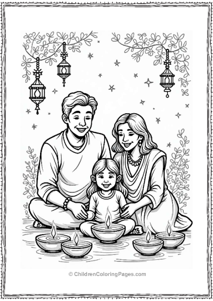 Family Lighting Diyas On Diwali Night Free PDF Printable