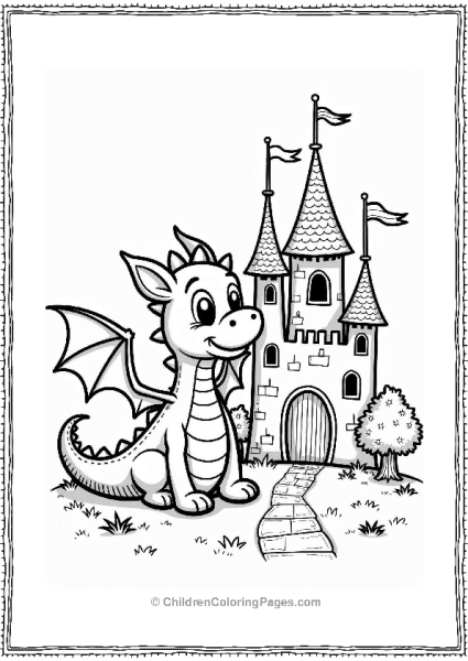 Fantasy Friendly Dragon Beside Whimsical Castle Free PDF Printable