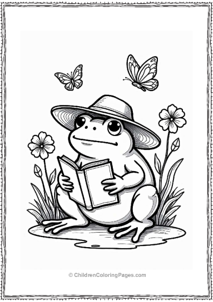 Frog Relaxing With A Book Under A Hat Free PDF Printable