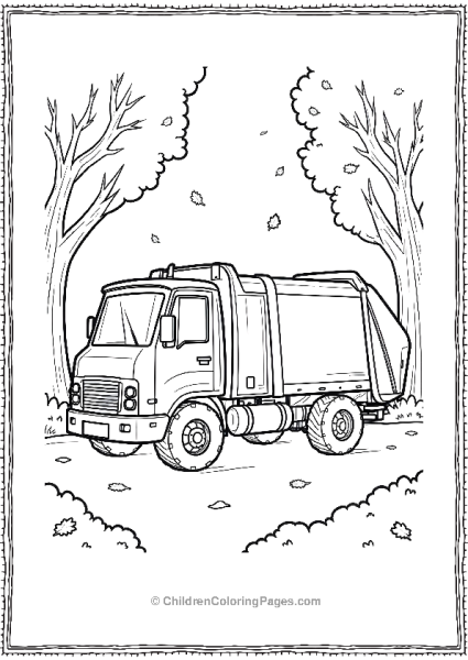 Garbage Truck Surrounded By Trees And Falling Leaves Free PDF Printable