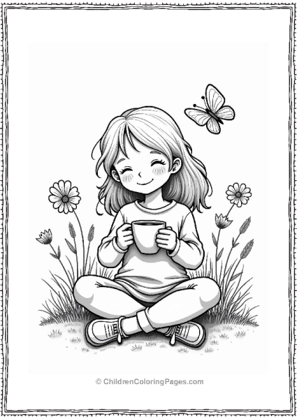 Girl Enjoying Coffee Among Butterflies And Flowers Free PDF Printable