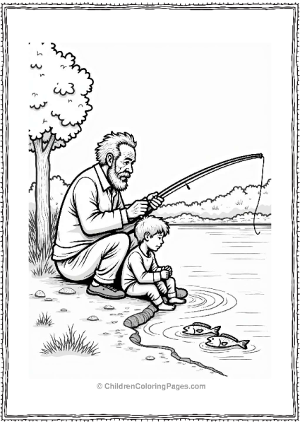 Grandfather Teaching Grandson To Fish By The Lake Free PDF Printable