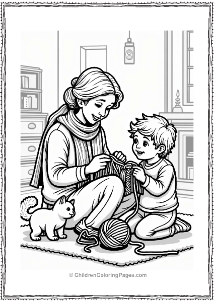 Grandmother Knitting With Grandchild And Cat Free PDF Printable