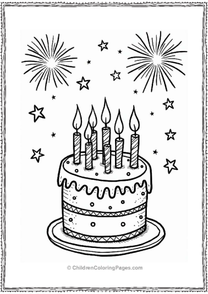 Happy Birthday Cake With Stars And Fireworks Free PDF Printable