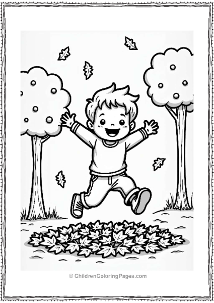 Happy Child Jumping Into Autumn Leaves Free PDF Printable