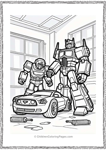 Optimus Prime And Ratchet Fixing A Car Free PDF Printable