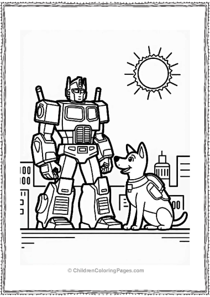 Optimus Prime With Rescue Dog Over City Free PDF Printable