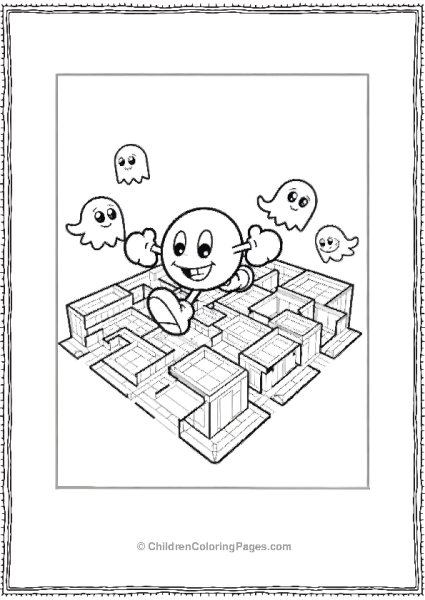 Pacman Running Over A Maze With Four Ghosts Floating Free PDF Printable