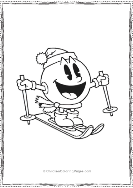 Pacman Wearing A Christmas Hat And A Scarf Skiing Free PDF Printable