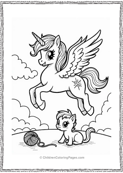 Pegasus Flying Over A Curious Kitten Free PDF Printable