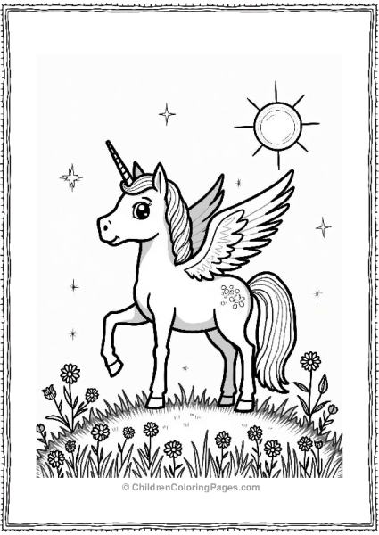 Pegasus On A Hilltop With Wildflowers Free PDF Printable