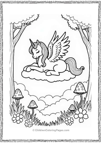 Pegasus Resting On A Cloud In A Forest Free PDF Printable