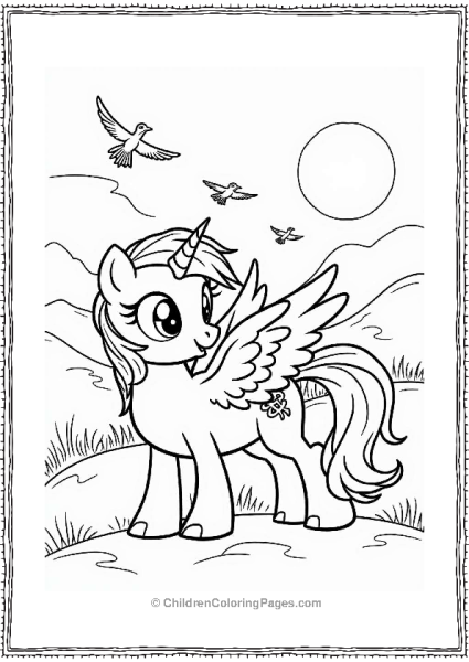 Pegasus Watching Birds In A Sunny Landscape Free PDF Printable