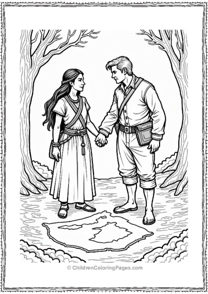 Pocahontas And Settler Exploring A Map Free PDF Printable