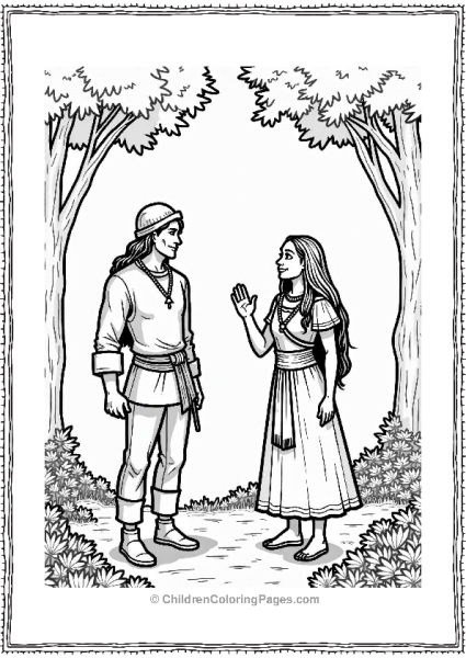 Pocahontas And The Explorer In A Clearing Free PDF Printable