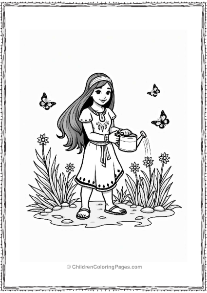 Pocahontas Watering Plants Among Butterflies Free PDF Printable