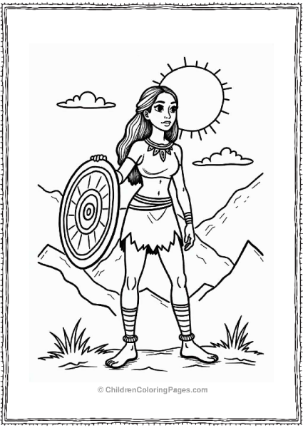 Pocahontas With Tribal Shield And Sun Free PDF Printable