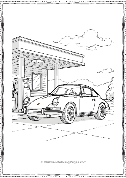 Porsche 911 Carrera Parked Outside A Vintage Gas Station Free PDF Printable