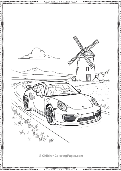 Porsche 911 Turbo Driving Past A Windmill Free PDF Printable