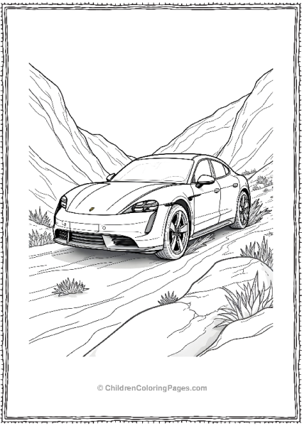 Porsche Taycan Cross Turismo Driving Through A Mountain Scaled Free PDF Printable