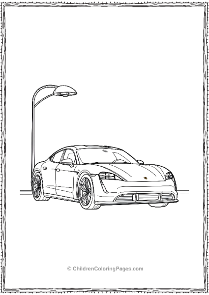 Porsche Taycan Parked Under A Modern Streetlamp Free PDF Printable