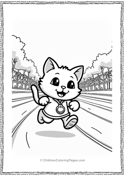 Running Cat With Medal And Crowd Free PDF Printable