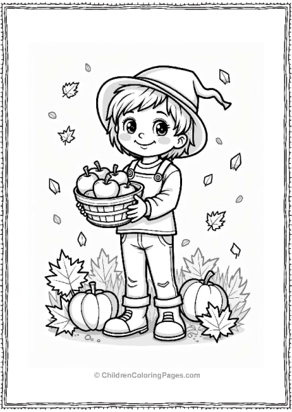 Smiling Child With Autumn Leaves And Apples Free PDF Printable