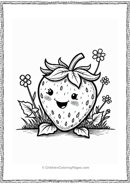 Smiling Strawberry In A Flower Garden Free PDF Printable