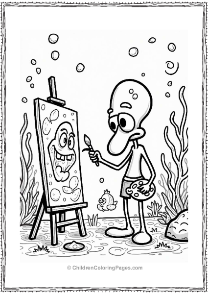 Squidward Painting Underwater With Pufferfish Free PDF Printable