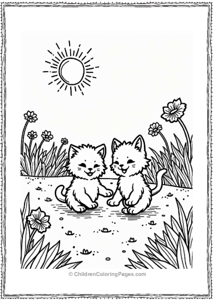 Sun And Playful Kittens In A Flower Garden Free PDF Printable