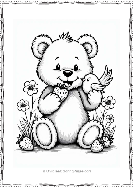 Teddy Bear Sharing Strawberries With A Bird Free PDF Printable