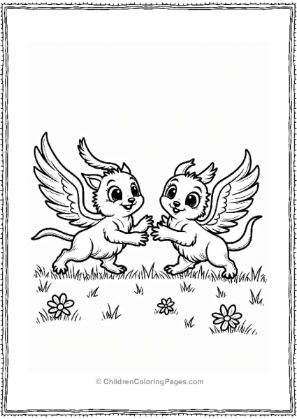 Two Fantasy Griffins Playing In A Grassy Field Free PDF Printable