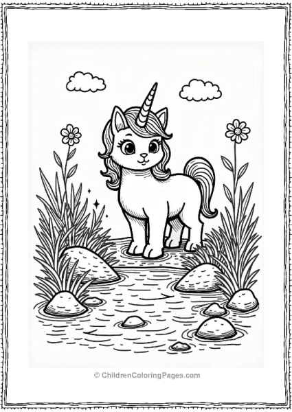 Unicorn Cat By A Sparkling Stream Free PDF Printable