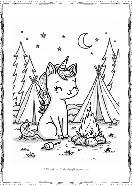 Unicorn Cat Camping By The Campfire Free PDF Printable