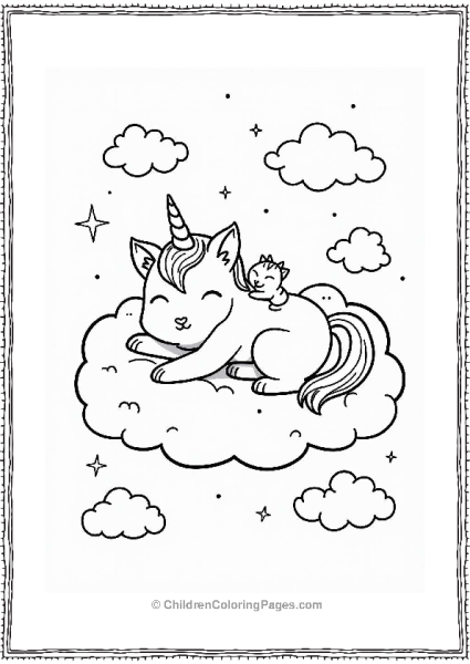 Unicorn Cat Sleeping On Soft Clouds Free PDF Printable