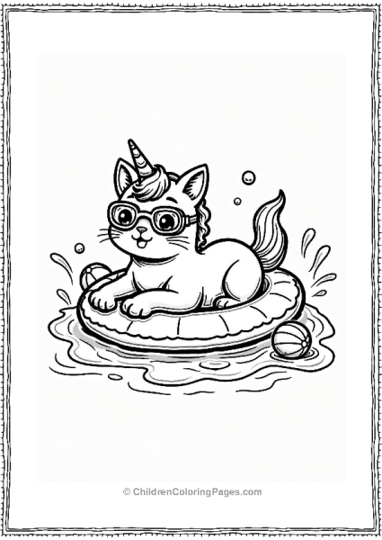 Unicorn Cat Swimming In A Fun Pool Scene Free PDF Printable