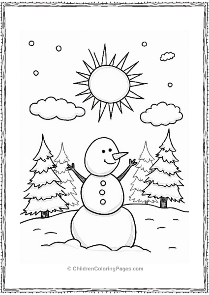 Winter Sunshine With Snowman And Pine Trees Free PDF Printable