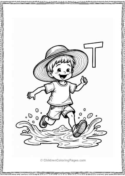 Cheerful Child Running Towards Ocean Waves With Letter T Free PDF Printable