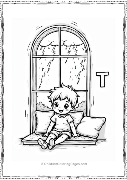 Cheerful Child Watching Thunderstorm With Letter T Free PDF Printable