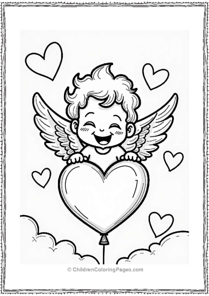 Cheerful Cupid Riding A Heart Balloon Free PDF Printable