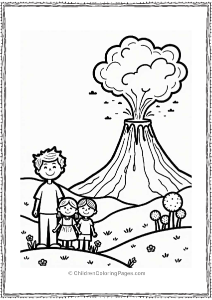 Cheerful Family Watching Erupting Volcano Free PDF Printable