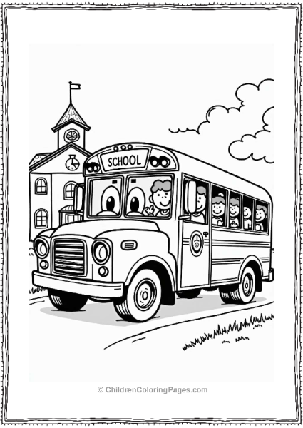 Cheerful School Bus At Bright School Free PDF Printable