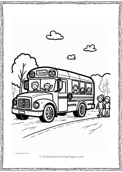 Cheerful School Bus At Bus Stop Free PDF Printable