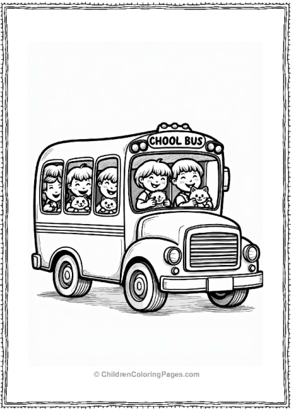 Cheerful School Bus With Happy Students And Pets Free PDF Printable