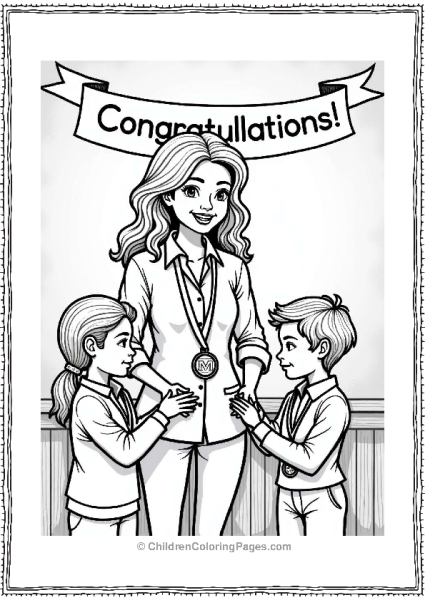 Cheerful Teacher Handing Out Medals Free PDF Printable