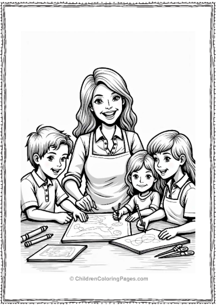 Cheerful Teacher With Art Supplies And Kids Free PDF Printable